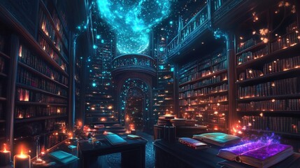 Obraz premium Enchanting Library Filled With Glowing Books and Magic