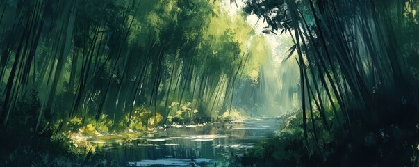 Fototapeta premium Tranquil bamboo forest with sunlight and calm river