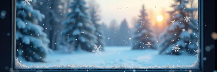 Naklejka premium Snapped shot of a window with snowflakes falling outside, frost, landscape, glass