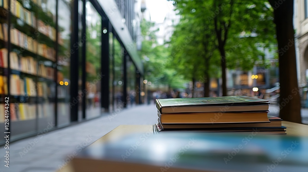 Poster stunning cityscape featuring stacked books on a table with a vibrant urban scene in the background :