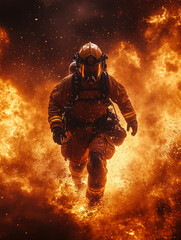 Fototapeta premium Firefighter running through flames during urgent rescue