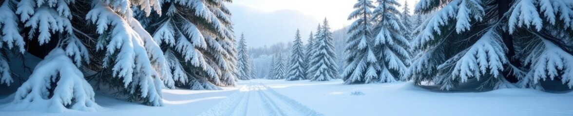Naklejka premium Snow-covered trees with branches heavy with weight, coniferous tree, cold climate, snow-covered foliage