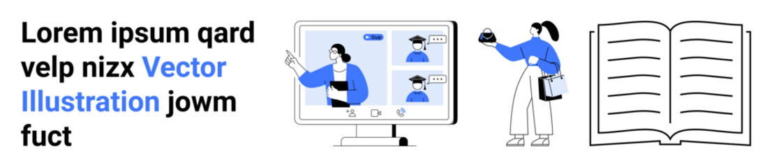 Educator teaching remotely via video call next to a digital student holding a book. Open textbook represents knowledge. Ideal for e-learning, online teaching, education webinars, online classes
