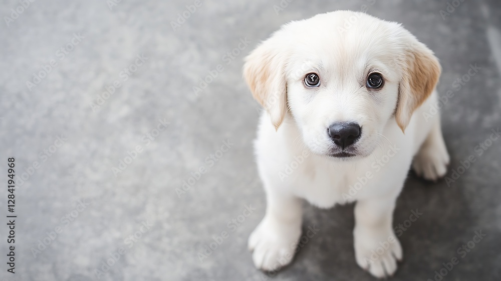 Aufkleber adorable white puppy sitting on a grey floor looking up with curiosity and innocent expression : gen