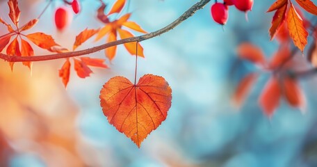 From the branch of an autumn tree, a heart-shaped leaf hangs against a fuzzy blue sky, Generative AI.