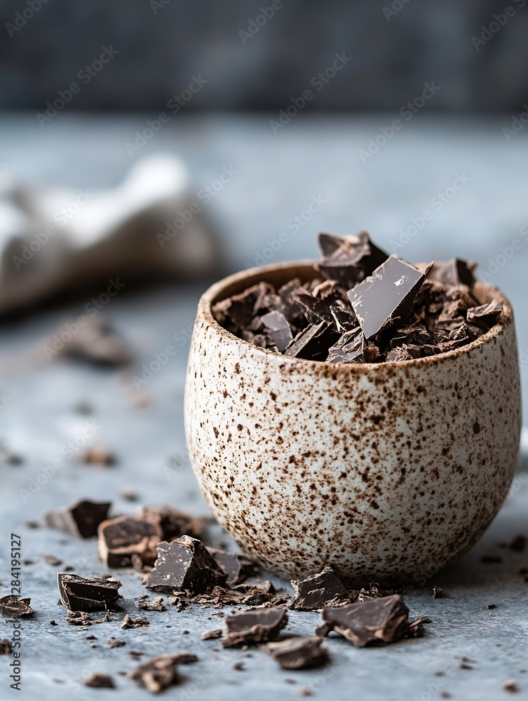 Poster delicious dark chocolate chunks piled in a rustic bowl perfect for baking and desserts : generative 