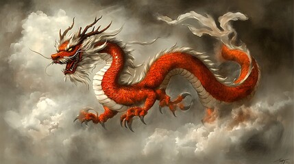 Obraz premium Fiery Red Dragon Soaring Through Misty Clouds: Digital Painting AI Generated