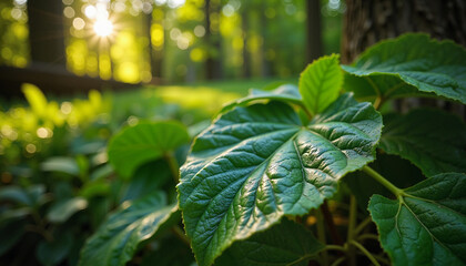 Obraz premium Glowing wet leaf illuminated by sunlight in serene forest, nature's beauty
