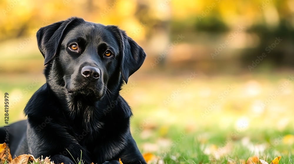 Poster Loyal Black Labrador Dog Relaxing in the Autumn Leaves with a Soft Focus Background : Generative AI