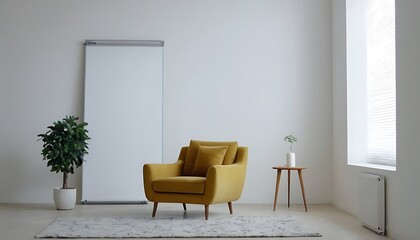 Frame mockup,Mockup frame in modern interior,Living room wall poster mockup- 3D rendering,Interior mockup illustration with decor, 3d render, white wall with blank board,wood - material, 9456