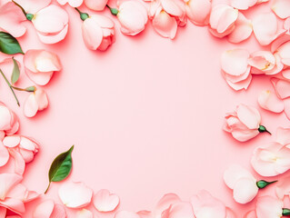 Obraz premium Beautiful spring flower frame. Pink flowers on pastel pink background whith copy space. Valentine's Day, Easter, Birthday, Happy Women's Day, Mother's Day. Flat lay, top view, 