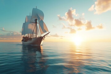 Old Sailing Ship Navigating Ocean at Sunset With Clouds and Golden Light Reflecting on Water