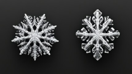 Close-up of two intricate snowflakes on black background