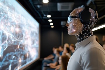 A futuristic android equipped with headphones observes digital projections, symbolizing the integration of technology and human-like intelligence in modern environments.