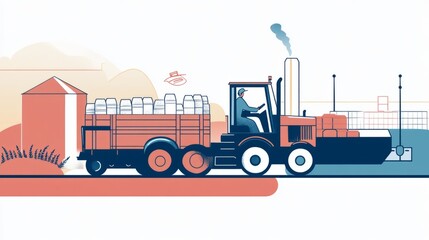 Red and Blue Tractor Transporting Goods Across a Rustic Farmland Landscape