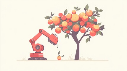 Red Robot Harvesting Oranges from a Tree Pixel Art Illustration