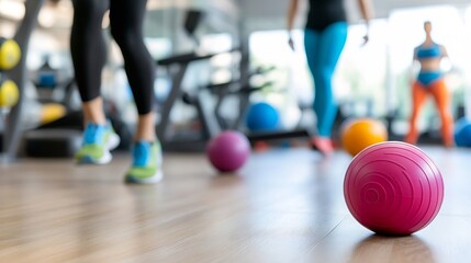 Vibrant Pink Exercise Ball on Gym Floor Amidst Active Fitness Enthusiasts : Generative AI