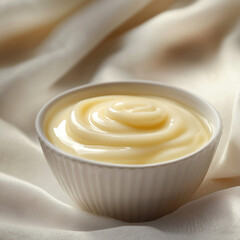 Rich and creamy vanilla custard in a white bowl with soft swirls, smooth texture, and elegant presentation on a silky fabric background for food photography