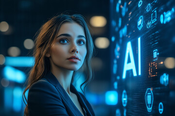 Confident Young Woman Giving AI Presentation on Stage – Speaker in Gray Blazer with Blue Lanyard, Futuristic Interface on Screen, and Bright Lights in a High-Tech Setting