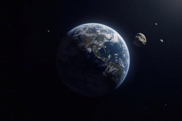 Fototapeta premium Planet Earth and big asteroid in the space. Potentially hazardous asteroids. Asteroid in outer space near Earth planet.
