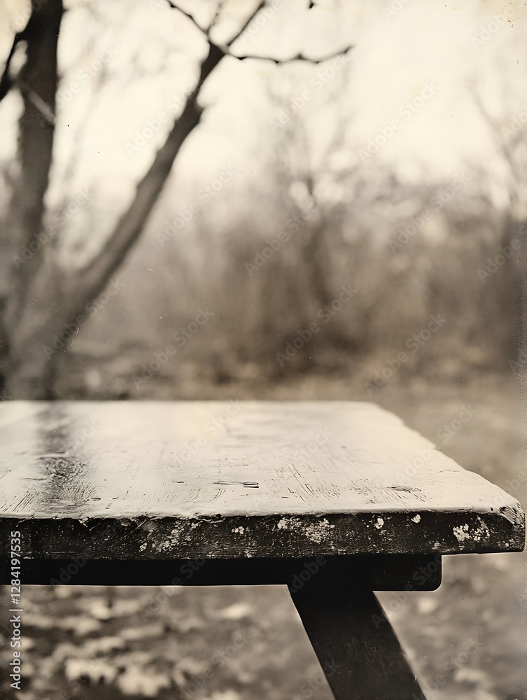 Poster Closeup of rustic wooden table surface surrounded by bare trees in an outdoor setting : Generative AI