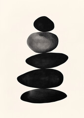 Abstract minimalist black and white illustration of stacked stones symbolizing balance, harmony, and zen mindfulness, perfect for modern interior decoration and meditation themes