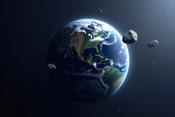 Fototapeta premium Planet Earth and big asteroid in the space. Potentially hazardous asteroids. Asteroid in outer space near Earth planet.