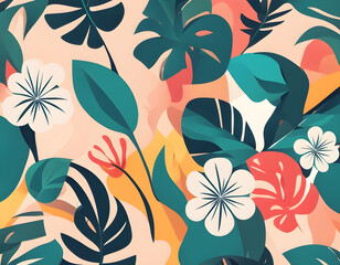 Creative concept of summer season with abstract tropical flowers. Modern art minimalist retro style   background