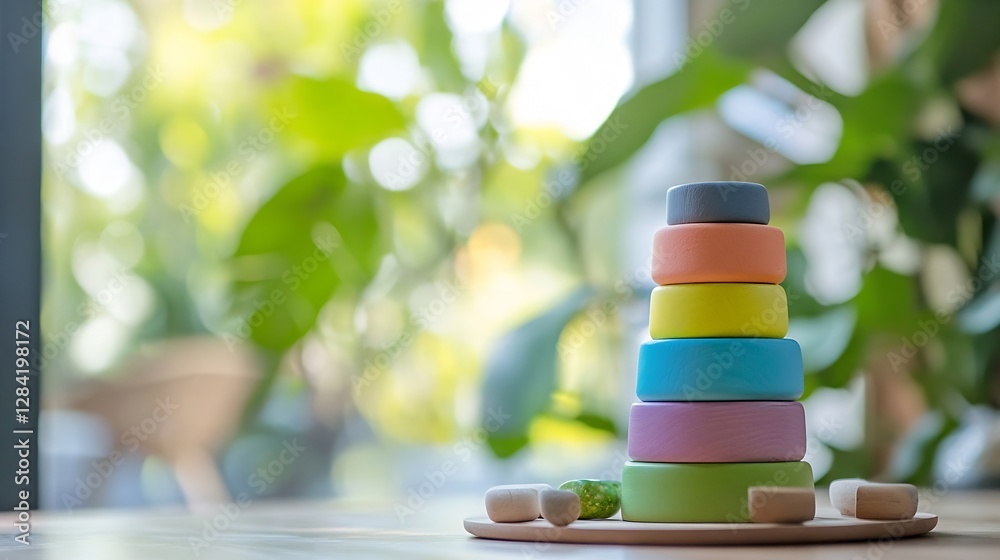 Poster colorful stacking toys in a bright lively environment : generative ai