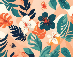Creative concept of summer season with abstract tropical flowers. Modern art minimalist retro style   background