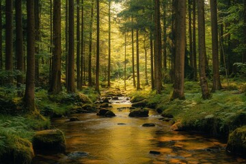 Serene Forest Stream Sunlight Filtered Through Trees Creating Mystical Tranquil Scene