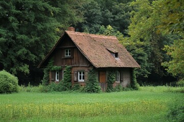 Obraz premium Secluded Cabin Amidst Lush Greenery With Terracotta Roof Tiles And Growing Vines Around Building
