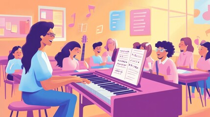 Fototapeta premium Smiling Music Teacher Leading a Joyful Classroom Singing Lesson with Pastel Keyboard