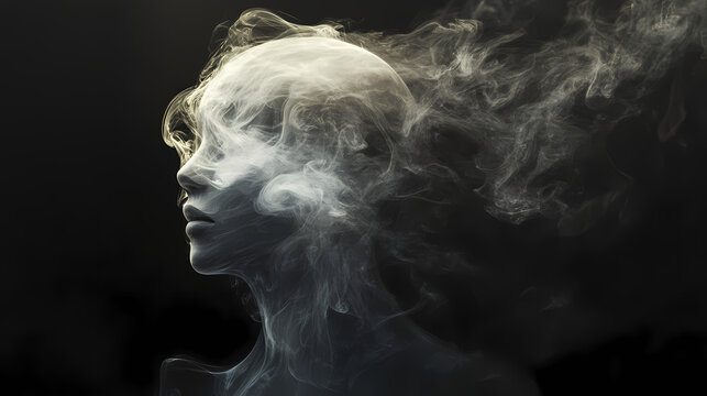 Ethereal figure shrouded in wisps of smoke against a black background, evoking mystery and enigma in an artistic representation. Dreamlike Ephemeral Apparition. Illustration