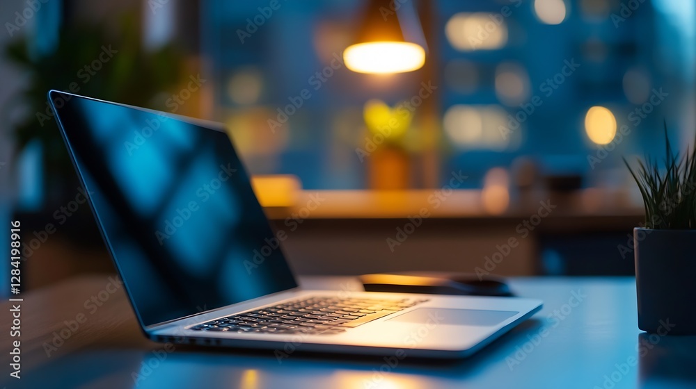 Poster Modern workspace with laptop illuminated by warm light in an evening setting : Generative AI