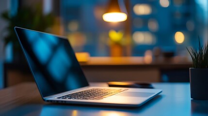 Modern workspace with laptop illuminated by warm light in an evening setting : Generative AI