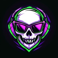 Fototapeta premium Skull with Headphones and Shades Graphic Illustration Digital Art in Vivid Colors on Black Background