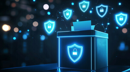 Secure voting system with encrypted ballot box and glowing digital shields representing election integrity online privacy cybersecurity protection and blockchain-based democratic verification