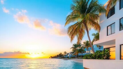 Fototapeta premium Sunset over luxury beachfront estates, Residential Real Estate Luxury Properties Housing Demand, exclusive tropical living