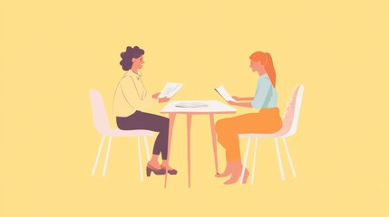Two Women Reviewing Documents at a Table, Pixel Art Illustration