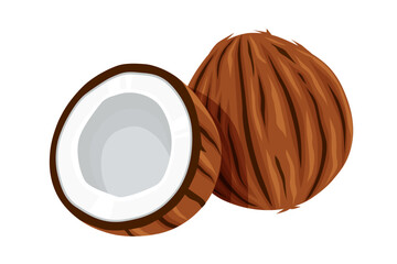 Coconuts and coconut half with leaves isolated on a white background. Vector illustration cartoon flat coconut icon isolated on white background.	