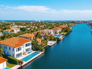 Aerial view of luxurious waterfront mansions, Residential Real Estate  Luxury Properties  Housing Demand, exclusive coastal living