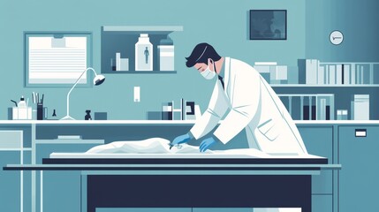 Veterinarian Examines Dog on Operating Table Pixel Art Illustration in Light Blue Clinic