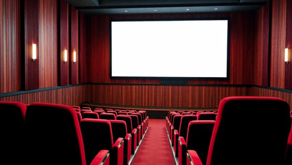 Modern Empty Movie Theater with Red Seats and Blank Screen