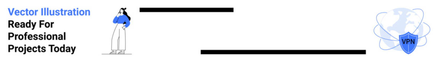 Obraz premium Abstract concept with a person, secure VPN shield, and connected globe. Ideal for remote work, data privacy, online security, global connection, digital networking, cybersecurity flat landing page