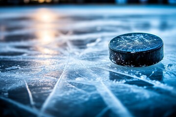 Ice Hockey Puck on Frozen Surface with Frost and Reflections