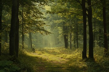 Naklejka premium Sunlit Forest Path Through Trees With Shimmering Light And Lush Greenery In Tranquil Atmosphere