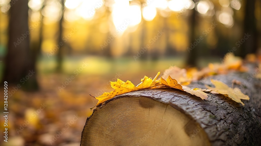Aufkleber closeup of a log with fallen autumn leaves in a golden forest setting with warm sunlight : generativ