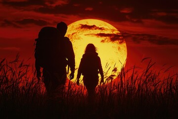 Fototapeta premium Silhouettes of two hikers walking towards a large, glowing sunset, surrounded by tall grass.