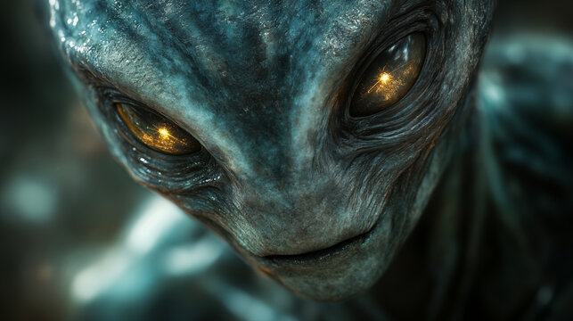 Extraterrestrial being close-up portrait with glowing amber eyes against dark background, detailed alien creature face study in turquoise tones